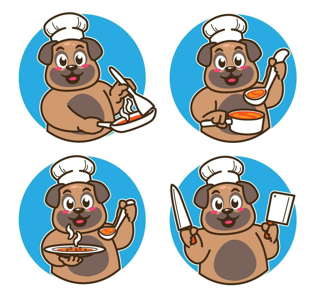 cocinero perro delicioso platos y pastel vector