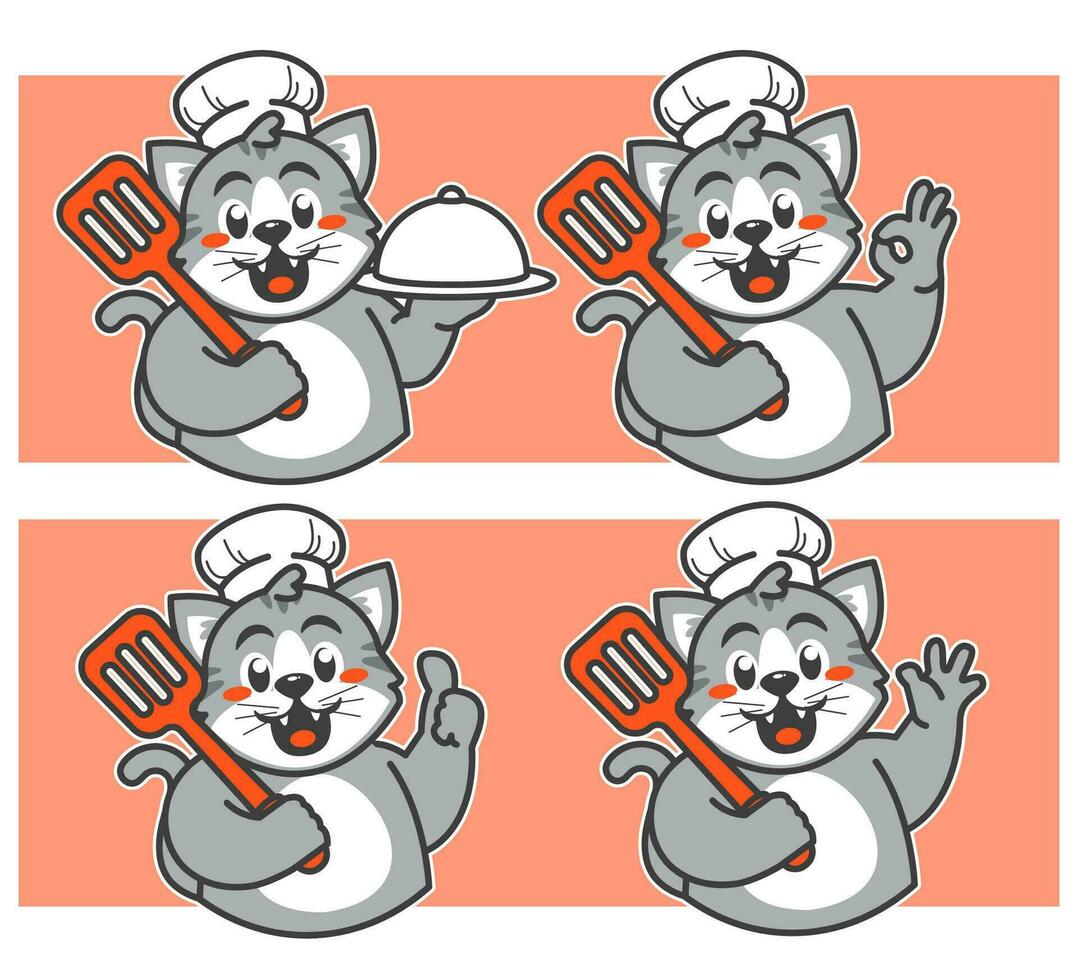 Cat chef brings delicious dishes vector