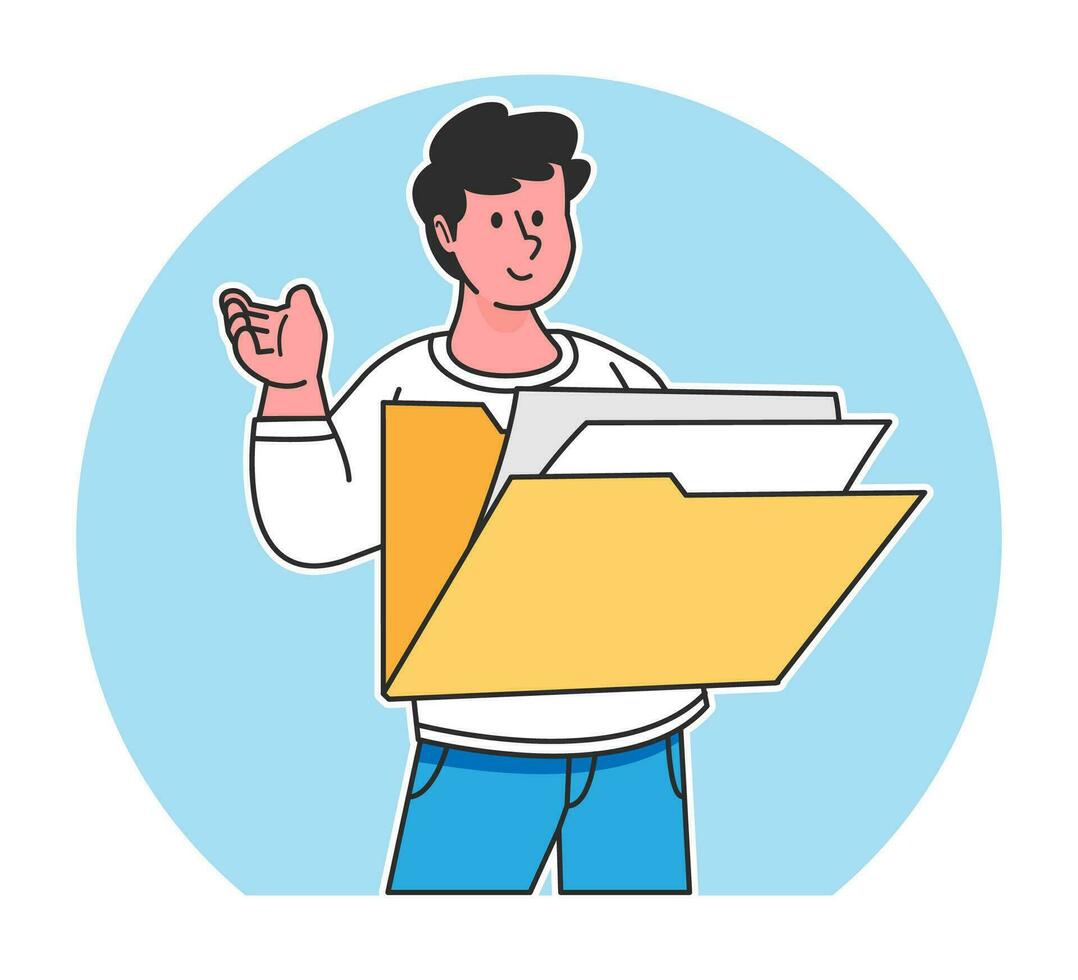 A man searches for data from a document folder vector
