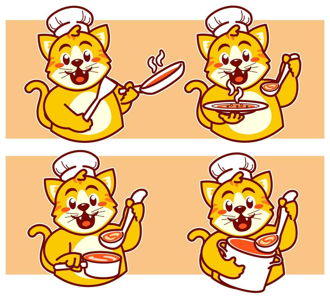 Cat chef brings delicious dishes vector