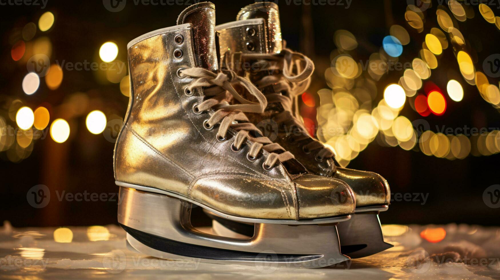 ai generative a pair of vintage, retro ice skates by a frozen lake in the snow photo