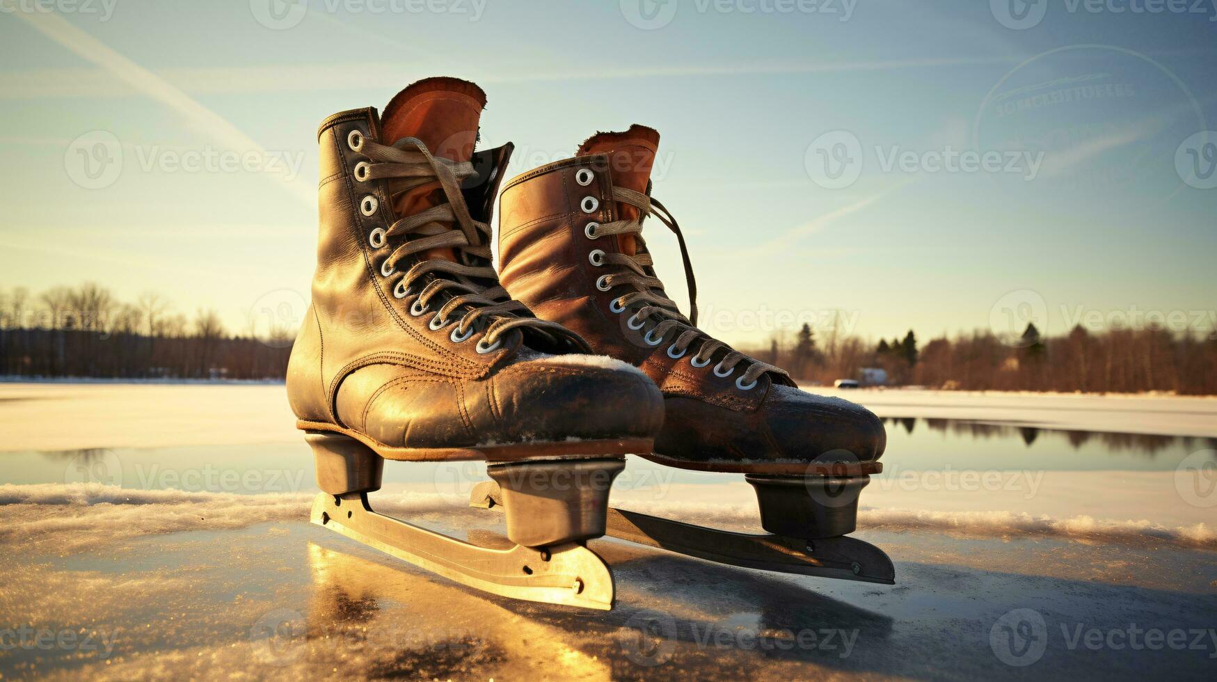 ai generative a pair of vintage, retro ice skates by a frozen lake in the snow photo