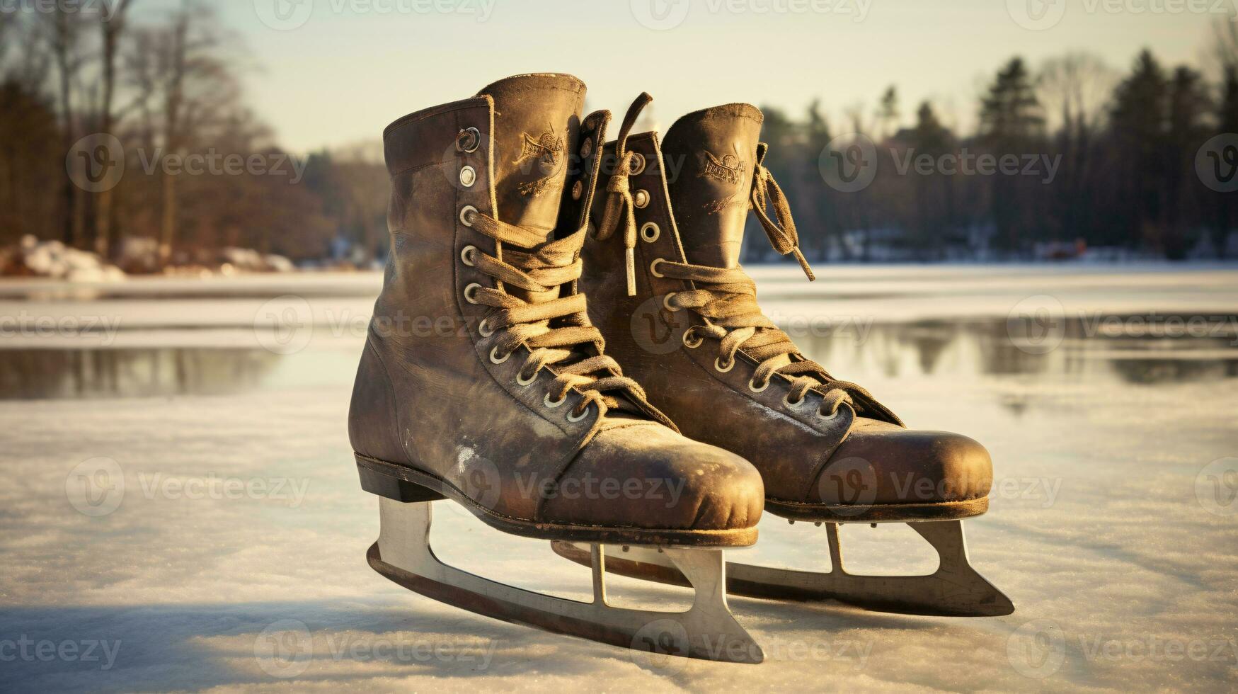 ai generative a pair of vintage, retro ice skates by a frozen lake in the snow photo