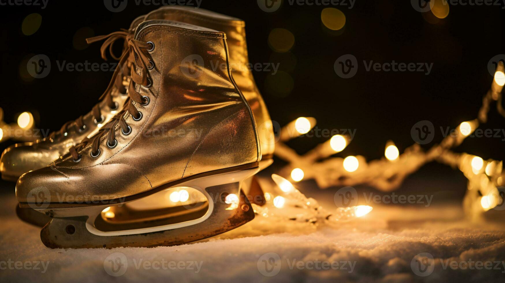 ai generative a pair of vintage, retro ice skates by a frozen lake in the snow photo