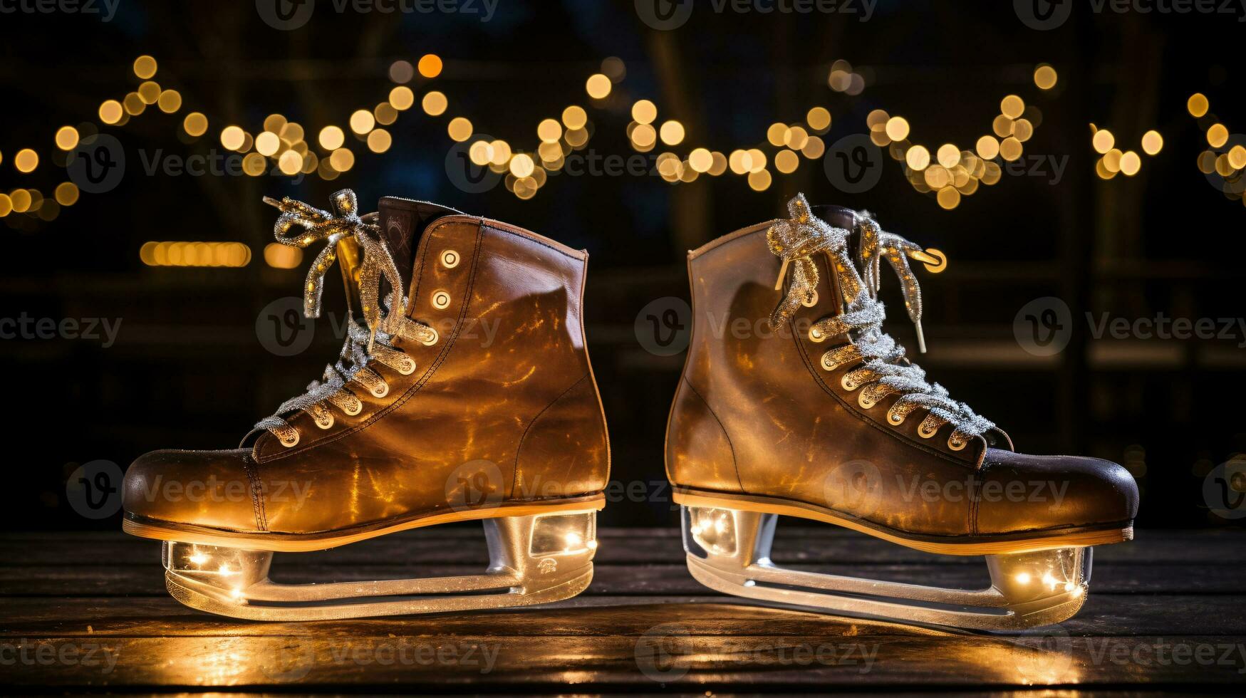 ai generative a pair of vintage, retro ice skates by a frozen lake in the snow photo
