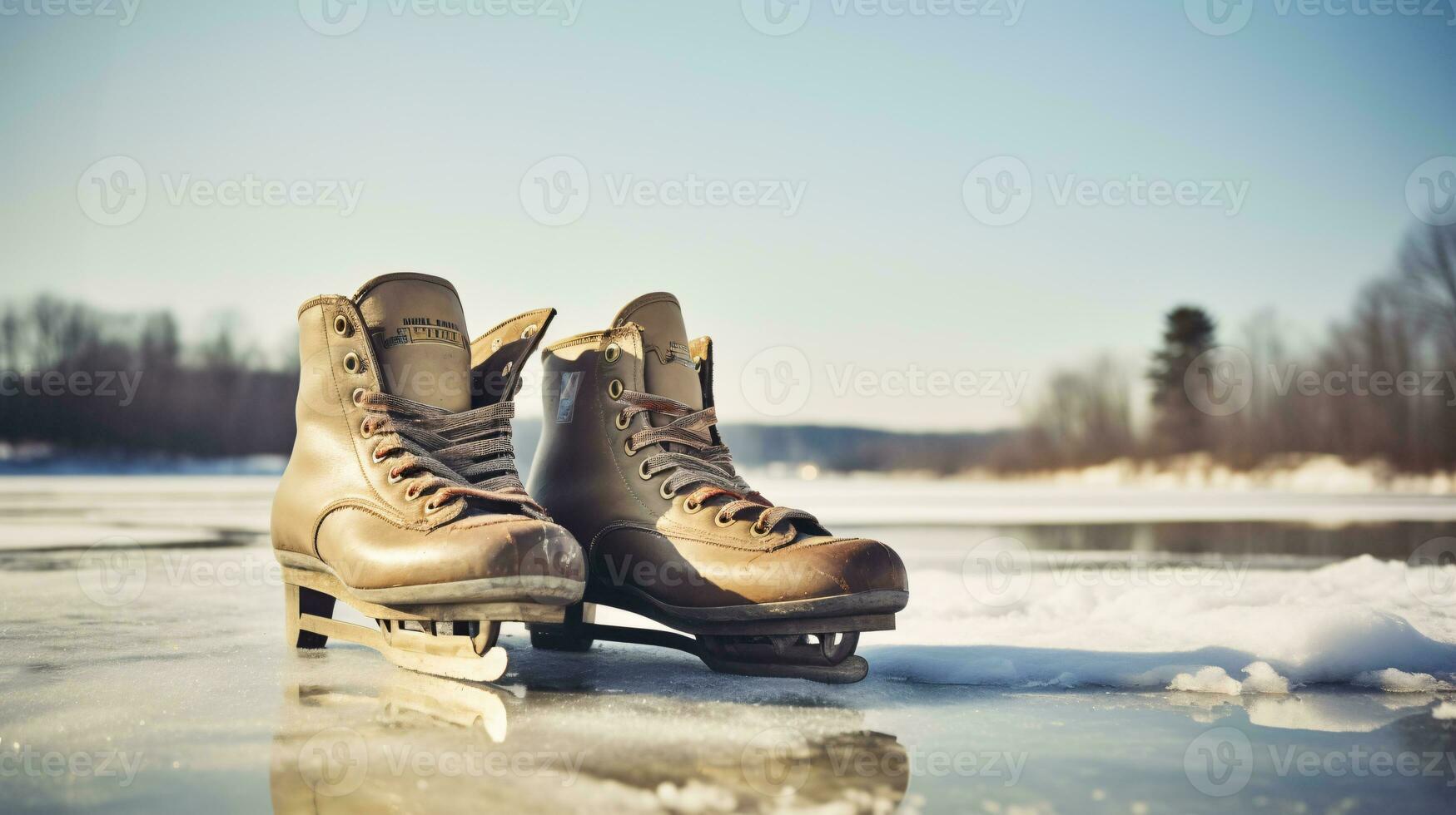 ai generative a pair of vintage, retro ice skates by a frozen lake in the snow photo