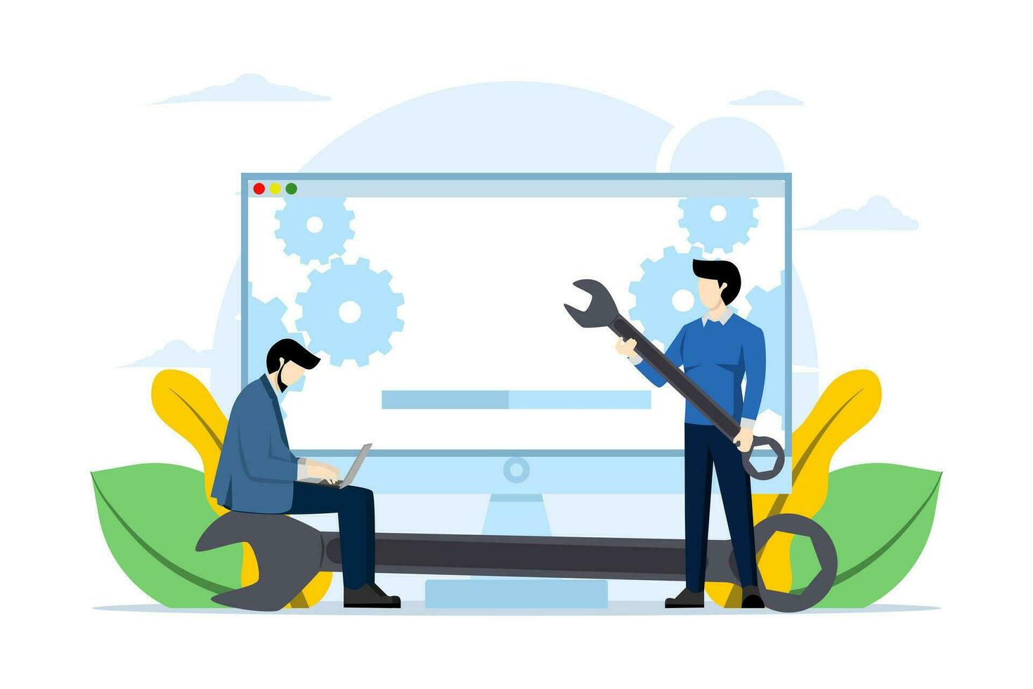 Concept of system maintenance, program and application update, technology, engineer, error, problem fix, device update, software upgrade process, system update, operating system update. vector