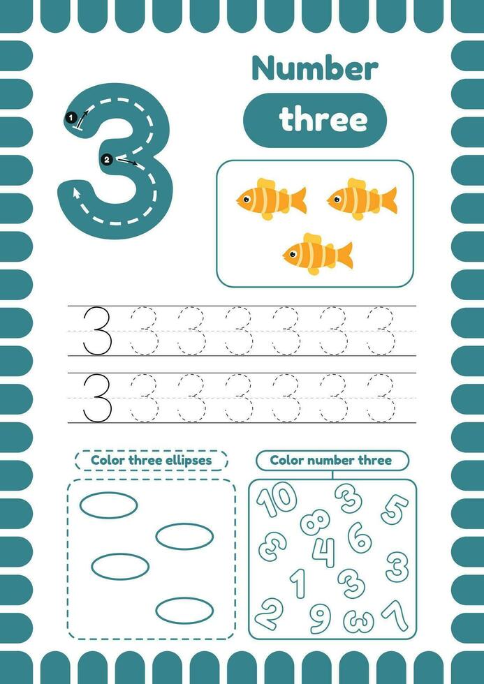 Educational worksheet with handwriting practice for kids. Trace number three. Activity page, coloring figures. Number three vector