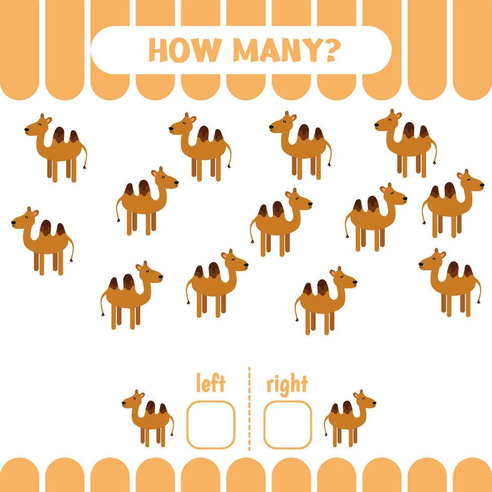 How many camels go to the left and to the right. Educational worksheet for kids to learn left and right. Count game. Counting game for preschoolers vector