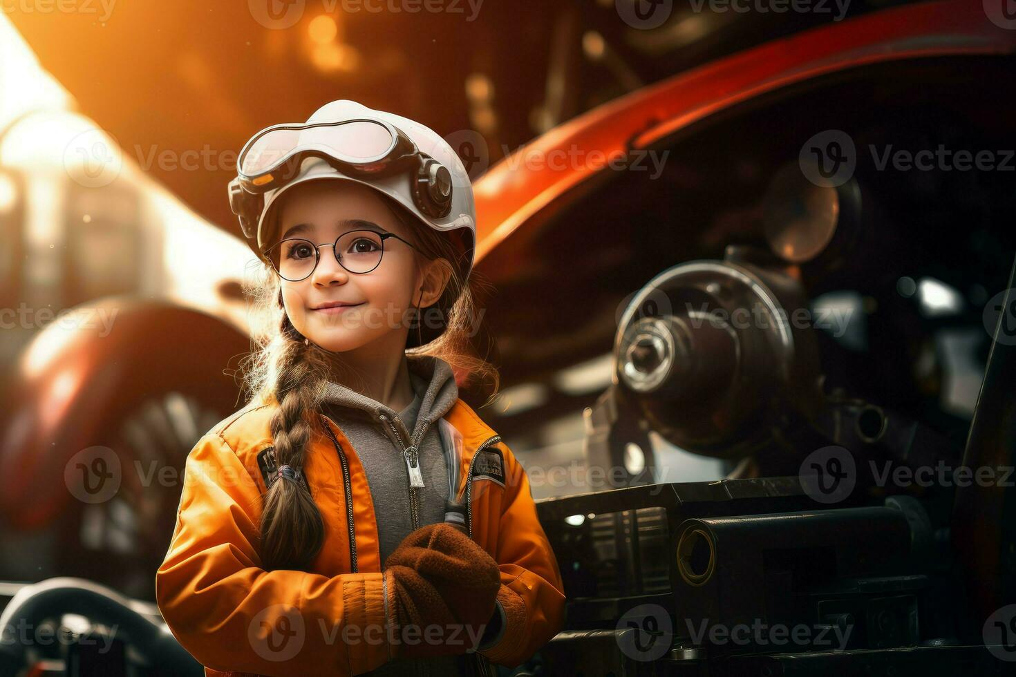 Engineer child girl car assembly shop. Generate AI photo