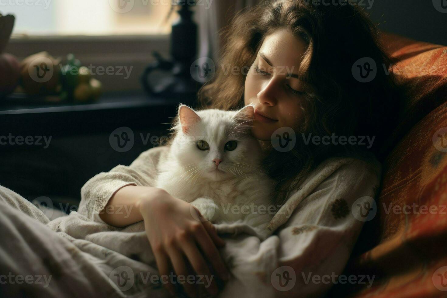 Beautiful woman petting cute white cat on soft sofa. Generate Ai photo