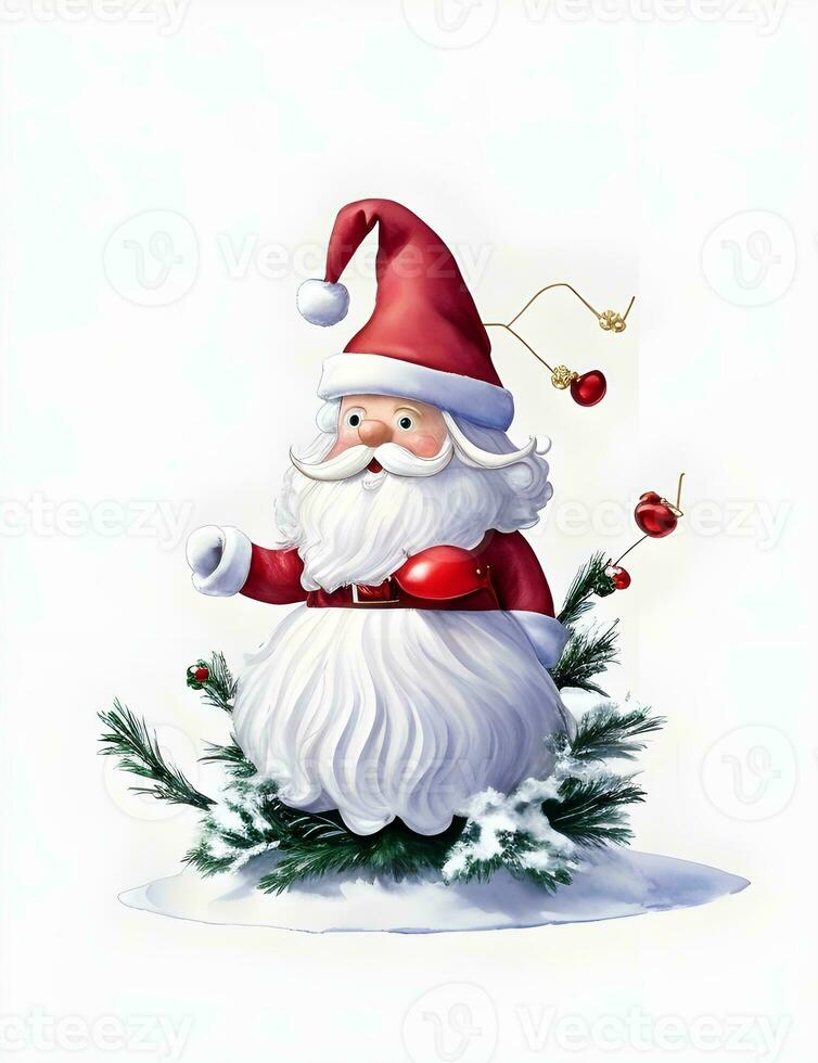 Santa claus with gift box and Christmas tree on white background. photo