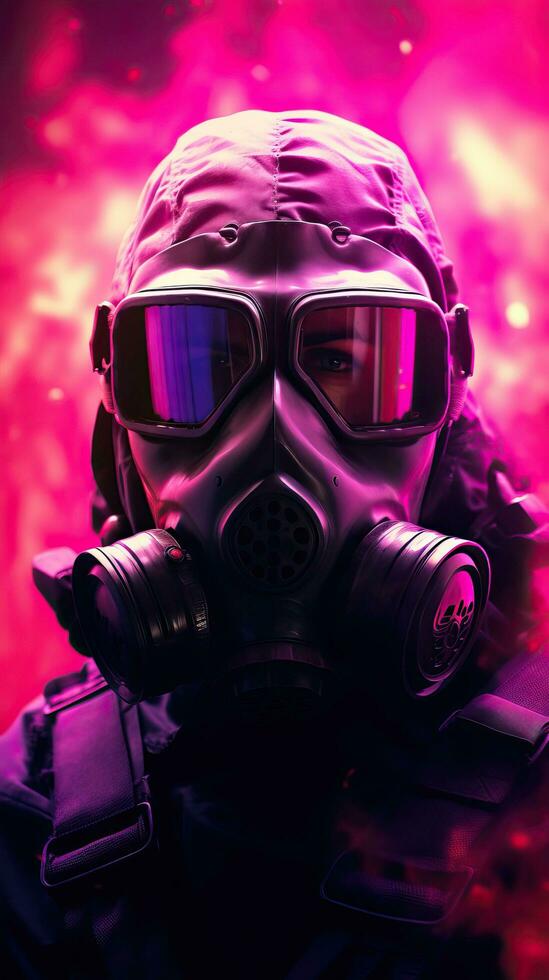 Cyberpunk character wearing gas mask with pink theme. Generative AI photo