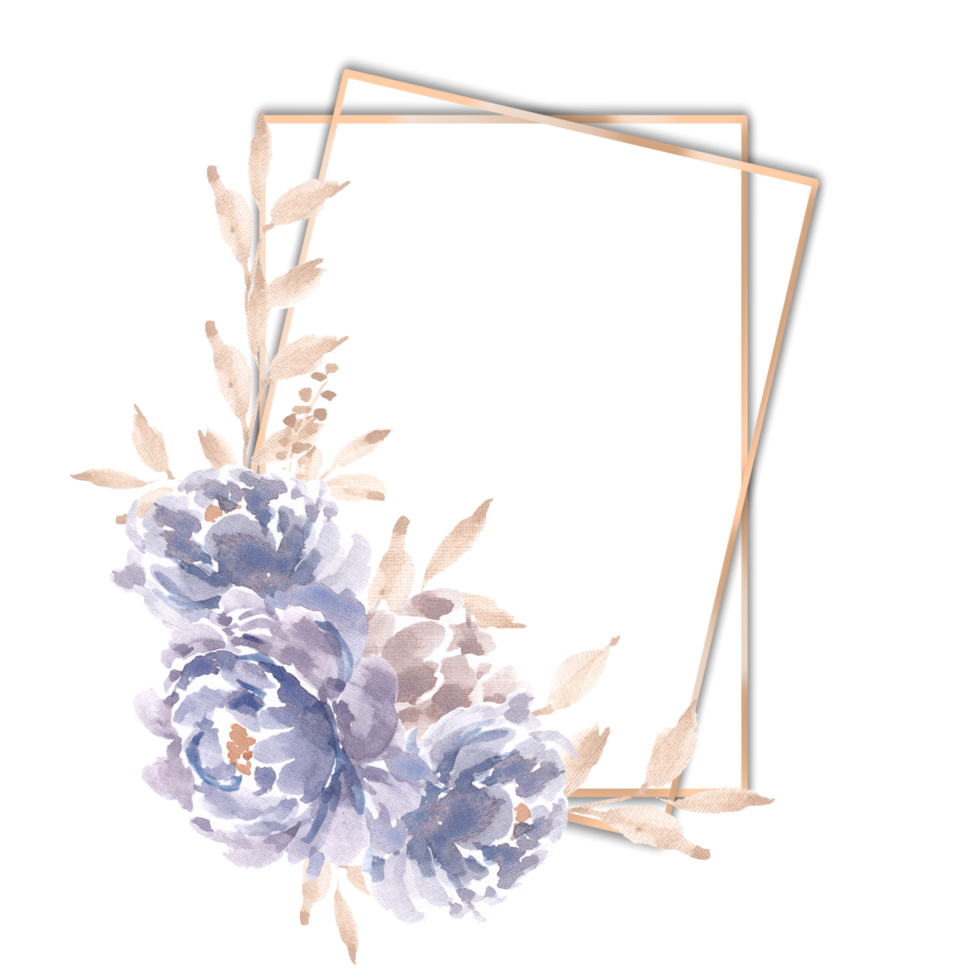 Hand Painted Blue Peony Watercolor Flower Gold Frame png