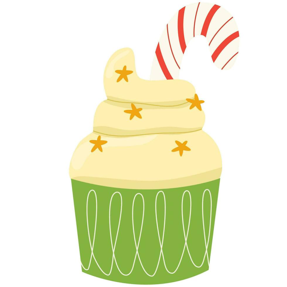 Christmas cupcake. Muffin with cream, sprinkles and candy canes vector