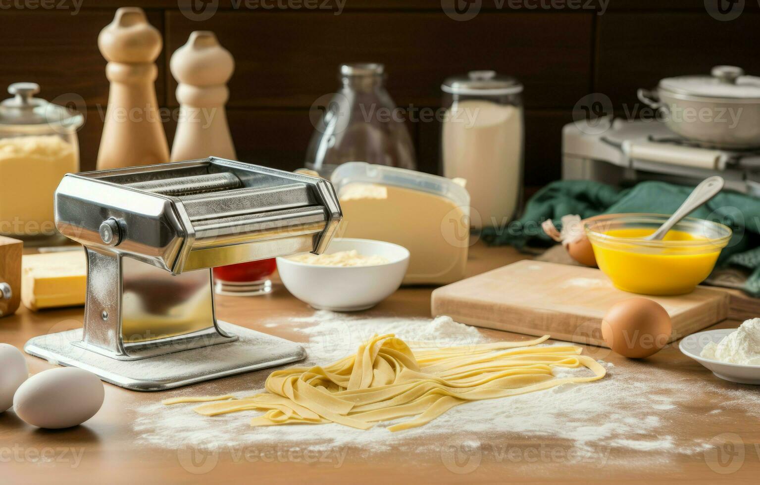 Pasta maker with dough and products in kitchen. Generate Ai photo
