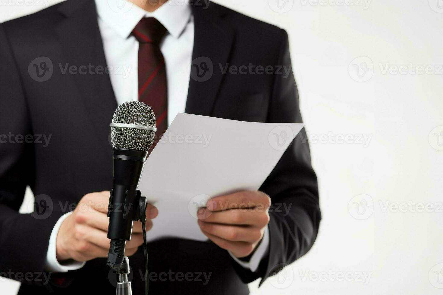 Man holding microphone and clipboard on white. Generate Ai photo