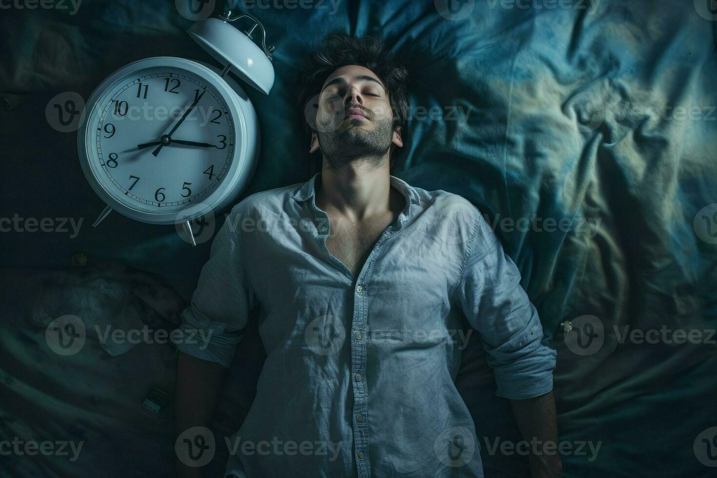 hombre sufrimiento desde insomnio en cama con grande alarma reloj. generar ai foto