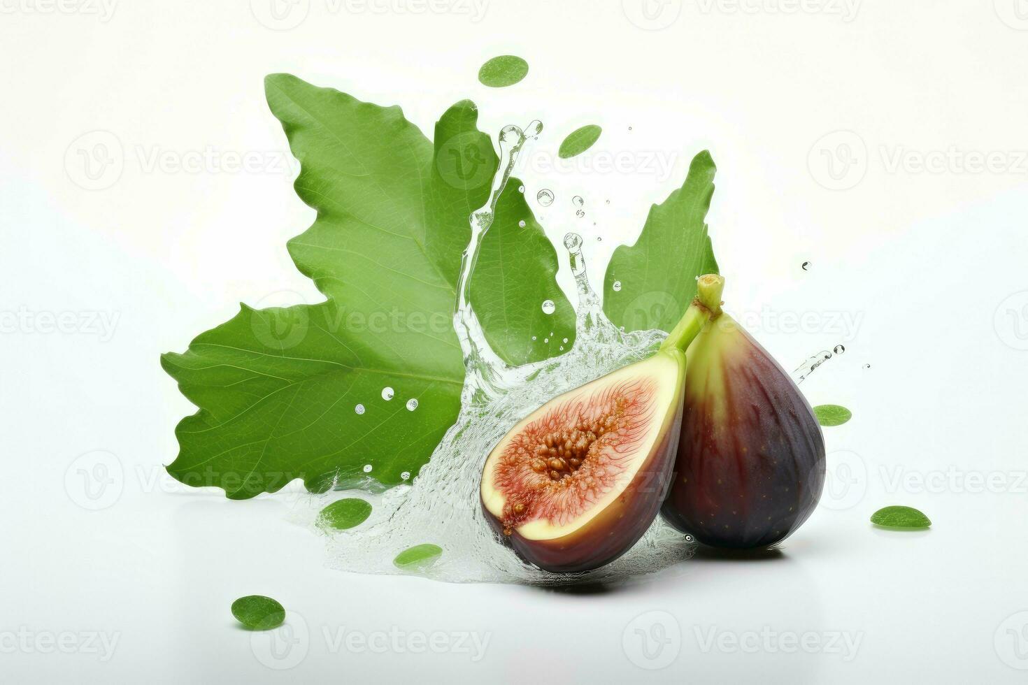 Piece of fresh fig and green leaves. Generate Ai photo