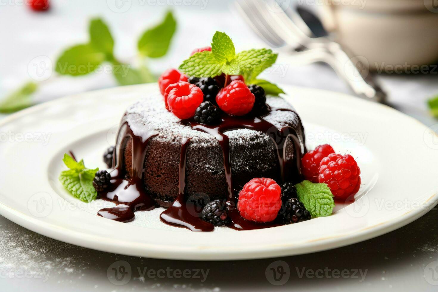 Plate with delicious chocolate fondant berries food. Generate Ai photo