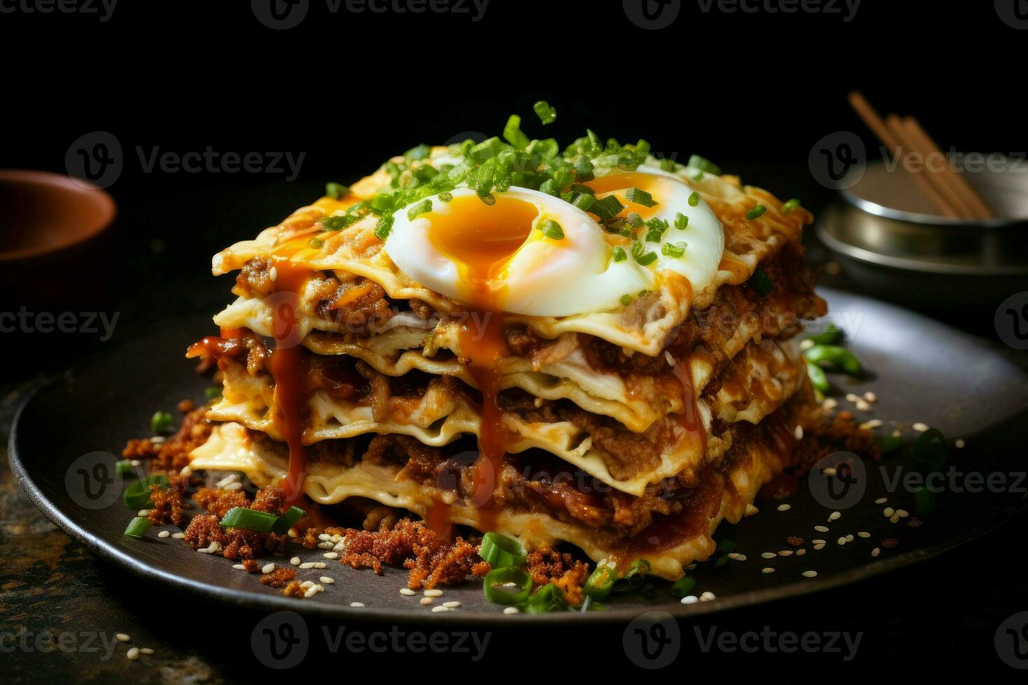 Ramen lasagna egg food. Generate Ai photo