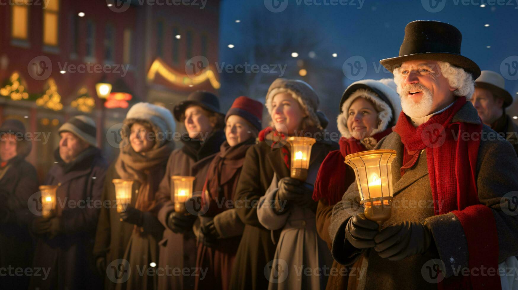 ai generativo gente, niños y adultos de diferente etnia y cultura, canto Navidad villancicos por noche con vela en su manos foto