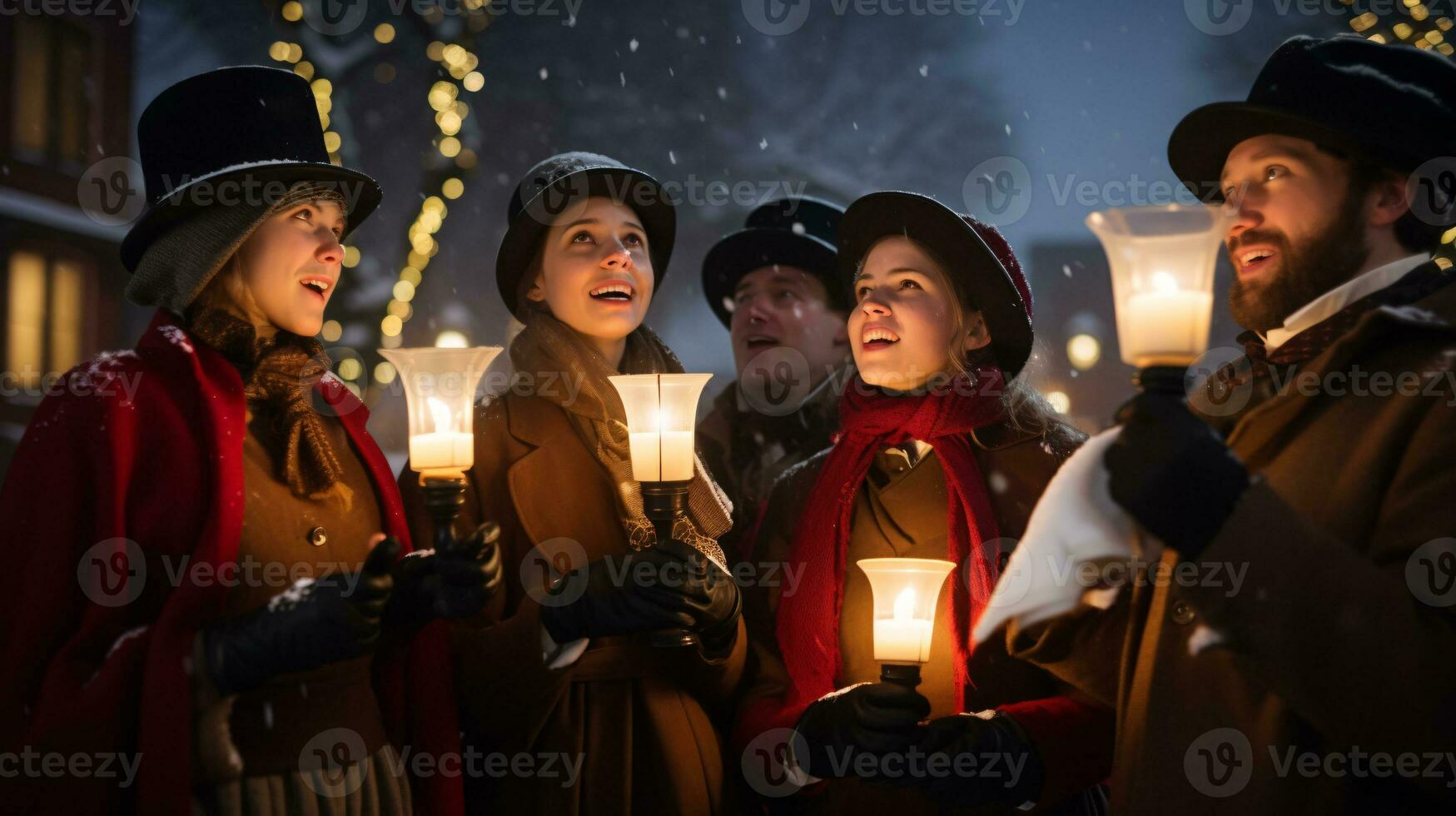 ai generativo gente, niños y adultos de diferente etnia y cultura, canto Navidad villancicos por noche con vela en su manos foto