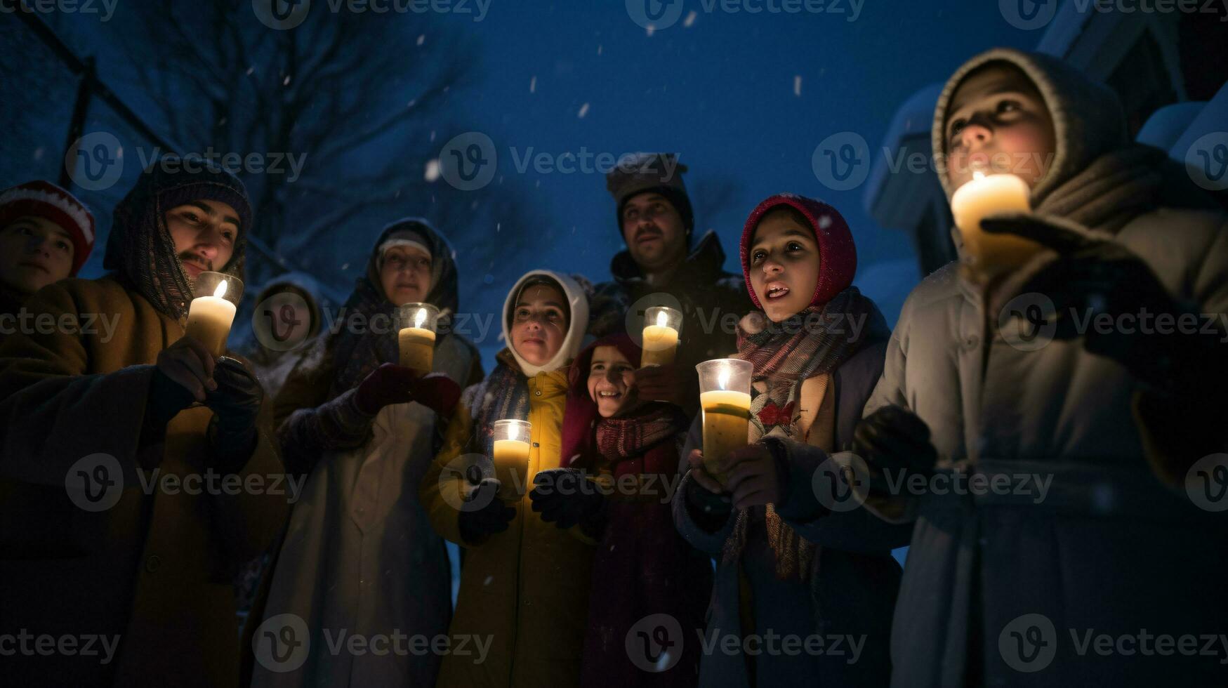 ai generative People, children and adults of different ethnicity and culture, singing christmas carols by night with candle in their hands photo