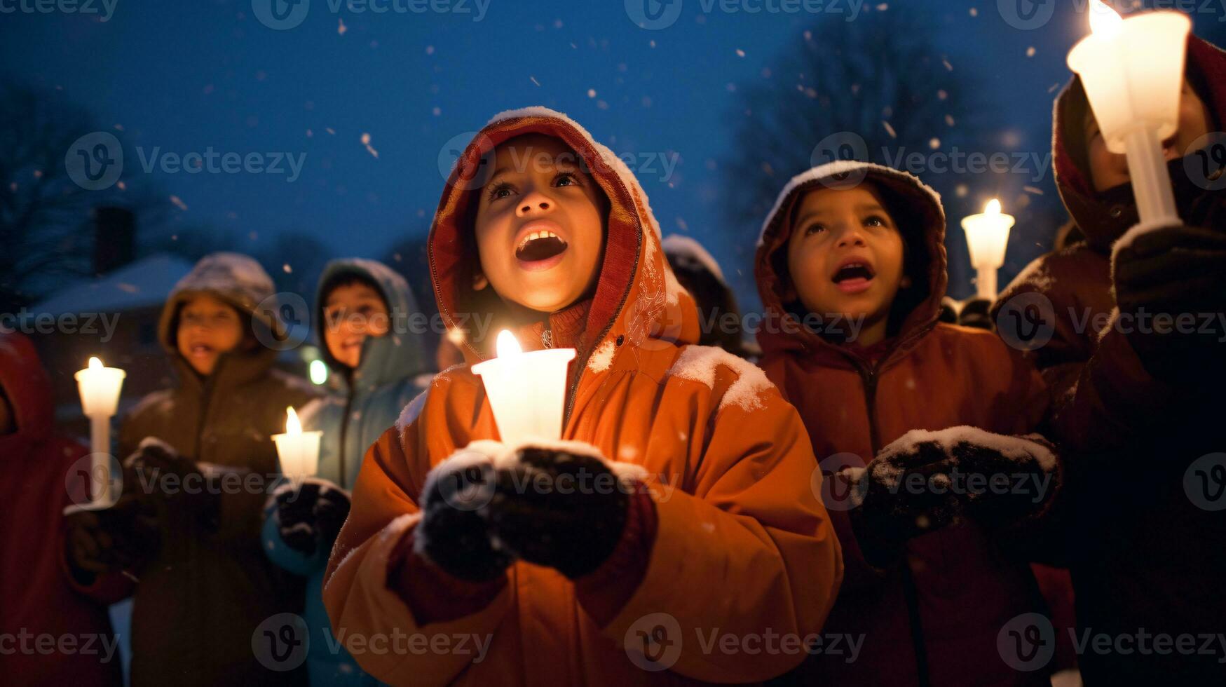 ai generative People, children and adults of different ethnicity and culture, singing christmas carols by night with candle in their hands photo