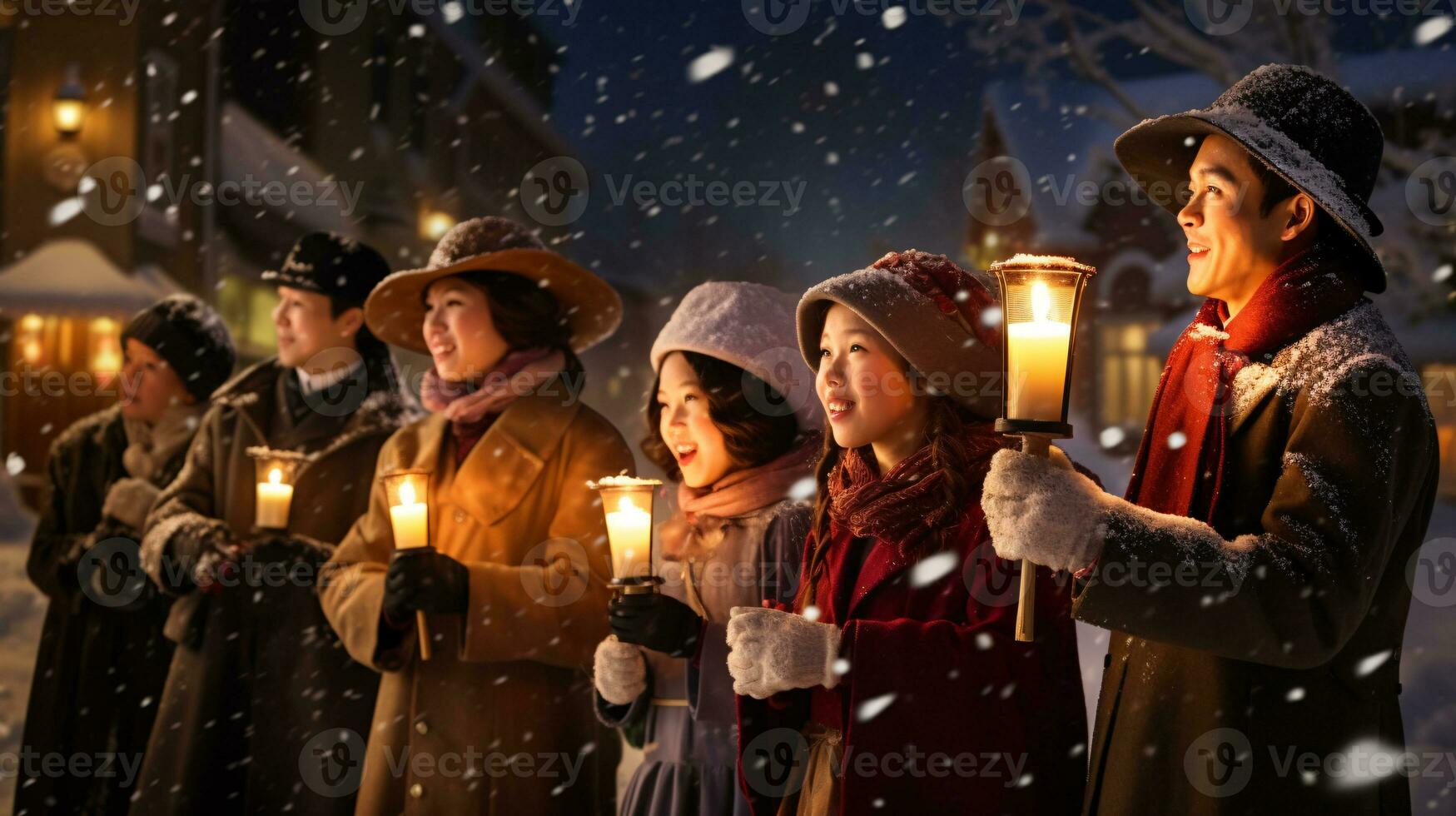 ai generativo gente, niños y adultos de diferente etnia y cultura, canto Navidad villancicos por noche con vela en su manos foto