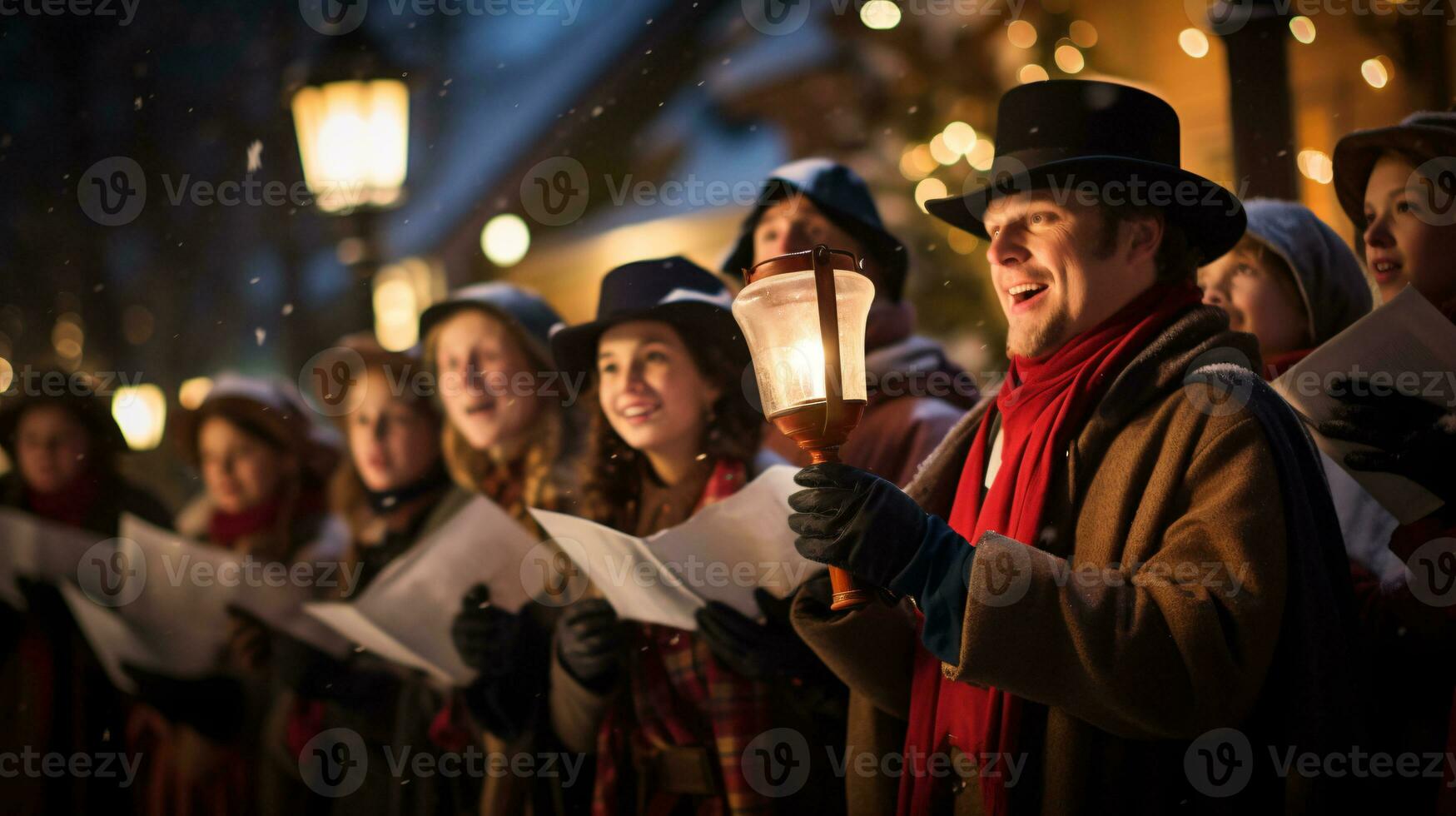 ai generativo gente, niños y adultos de diferente etnia y cultura, canto Navidad villancicos por noche con vela en su manos foto