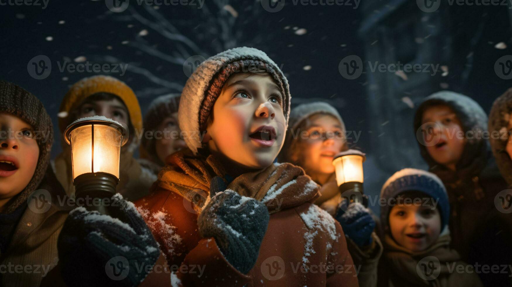 ai generativo gente, niños y adultos de diferente etnia y cultura, canto Navidad villancicos por noche con vela en su manos foto