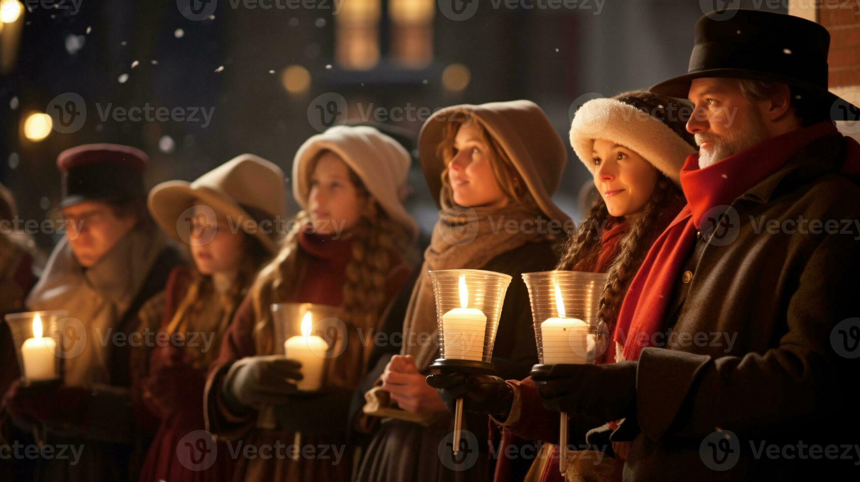 ai generativo gente, niños y adultos de diferente etnia y cultura, canto Navidad villancicos por noche con vela en su manos foto