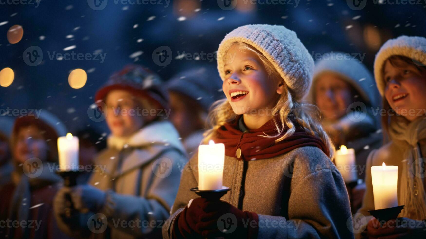 ai generativo gente, niños y adultos de diferente etnia y cultura, canto Navidad villancicos por noche con vela en su manos foto