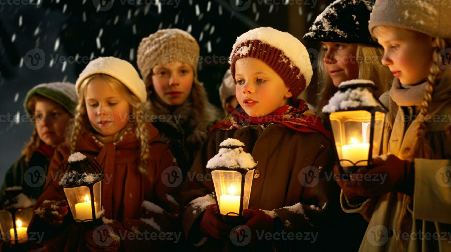 ai generativo gente, niños y adultos de diferente etnia y cultura, canto Navidad villancicos por noche con vela en su manos foto