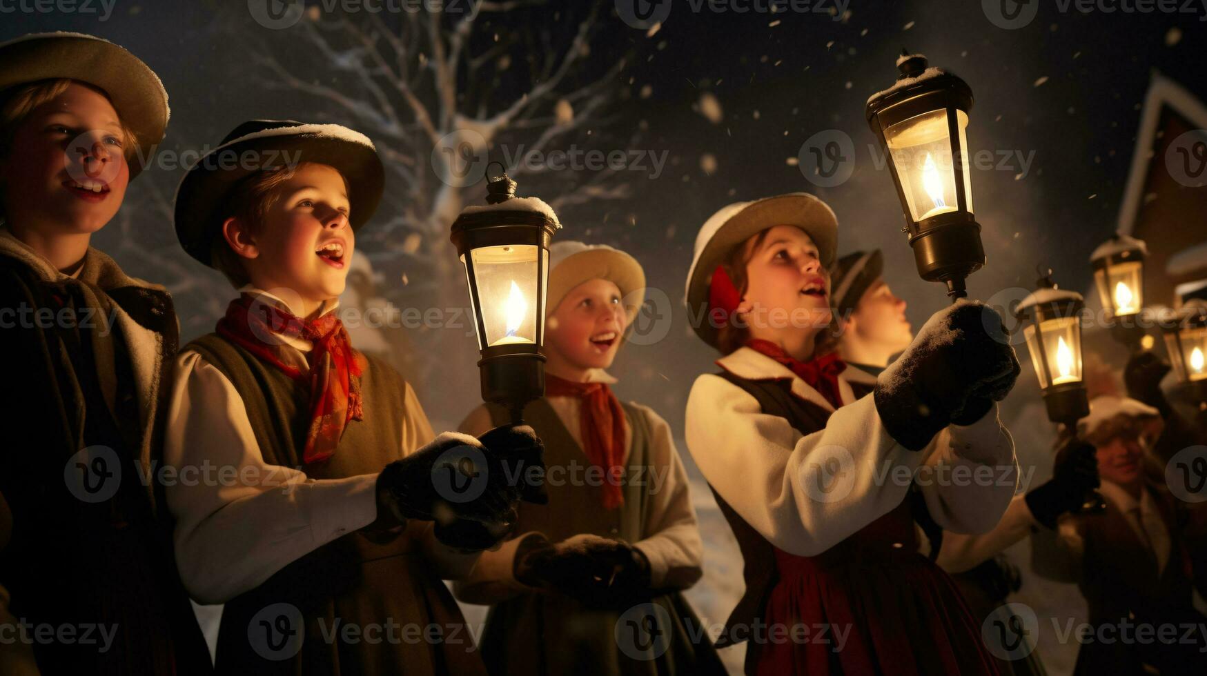 ai generative People, children and adults of different ethnicity and culture, singing christmas carols by night with candle in their hands photo