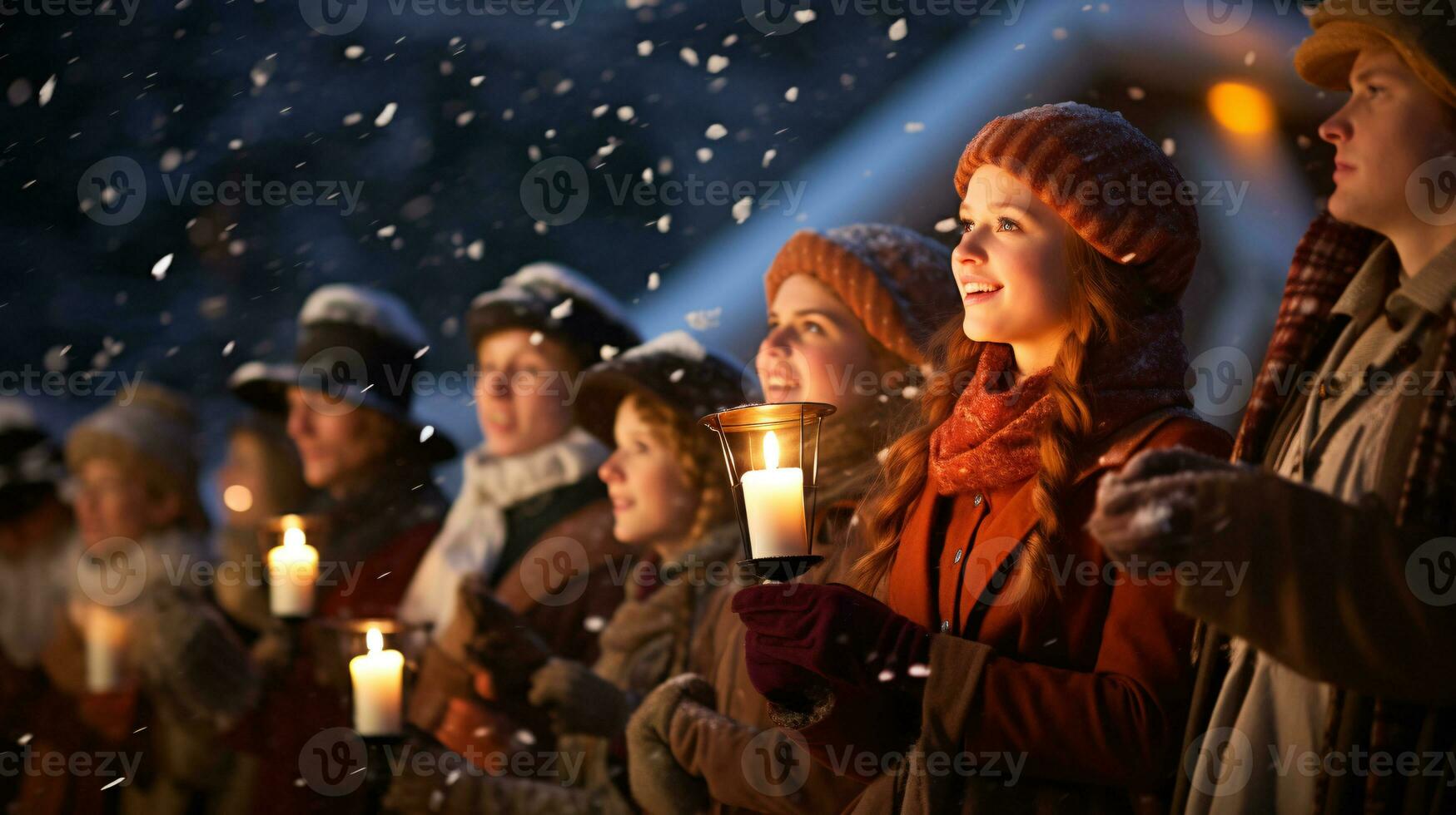 ai generativo gente, niños y adultos de diferente etnia y cultura, canto Navidad villancicos por noche con vela en su manos foto