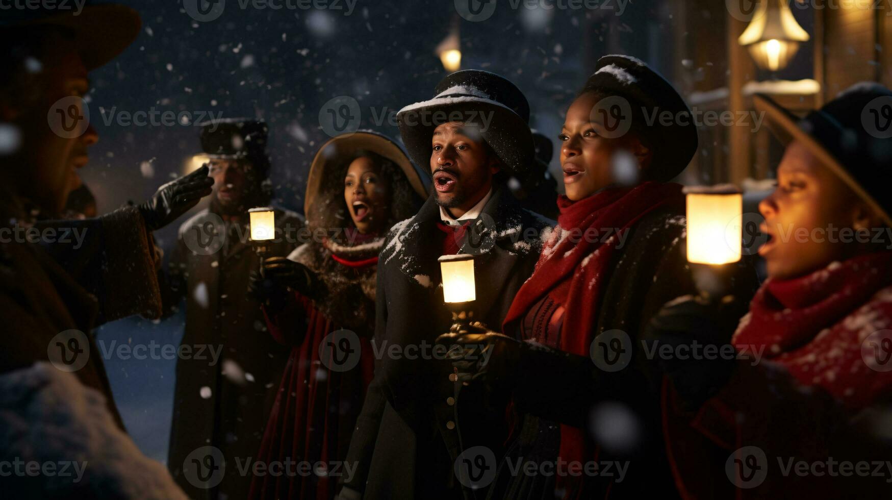 ai generative People, children and adults of different ethnicity and culture, singing christmas carols by night with candle in their hands photo