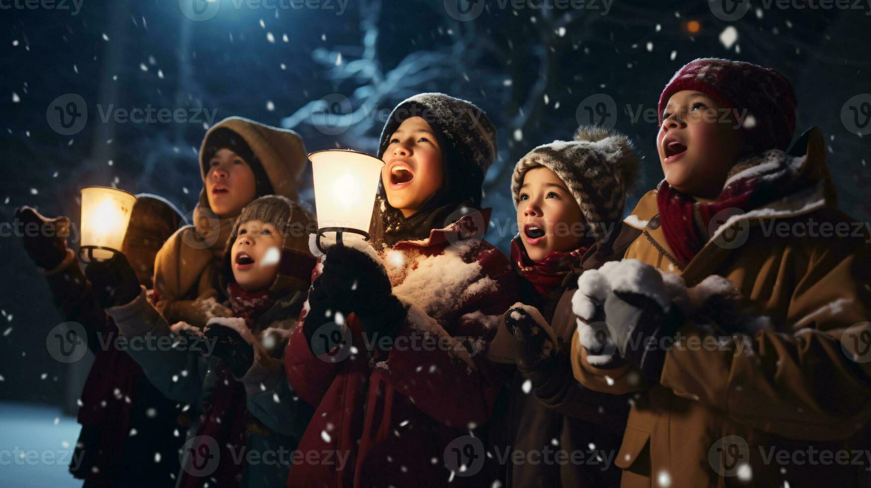 ai generativo gente, niños y adultos de diferente etnia y cultura, canto Navidad villancicos por noche con vela en su manos foto