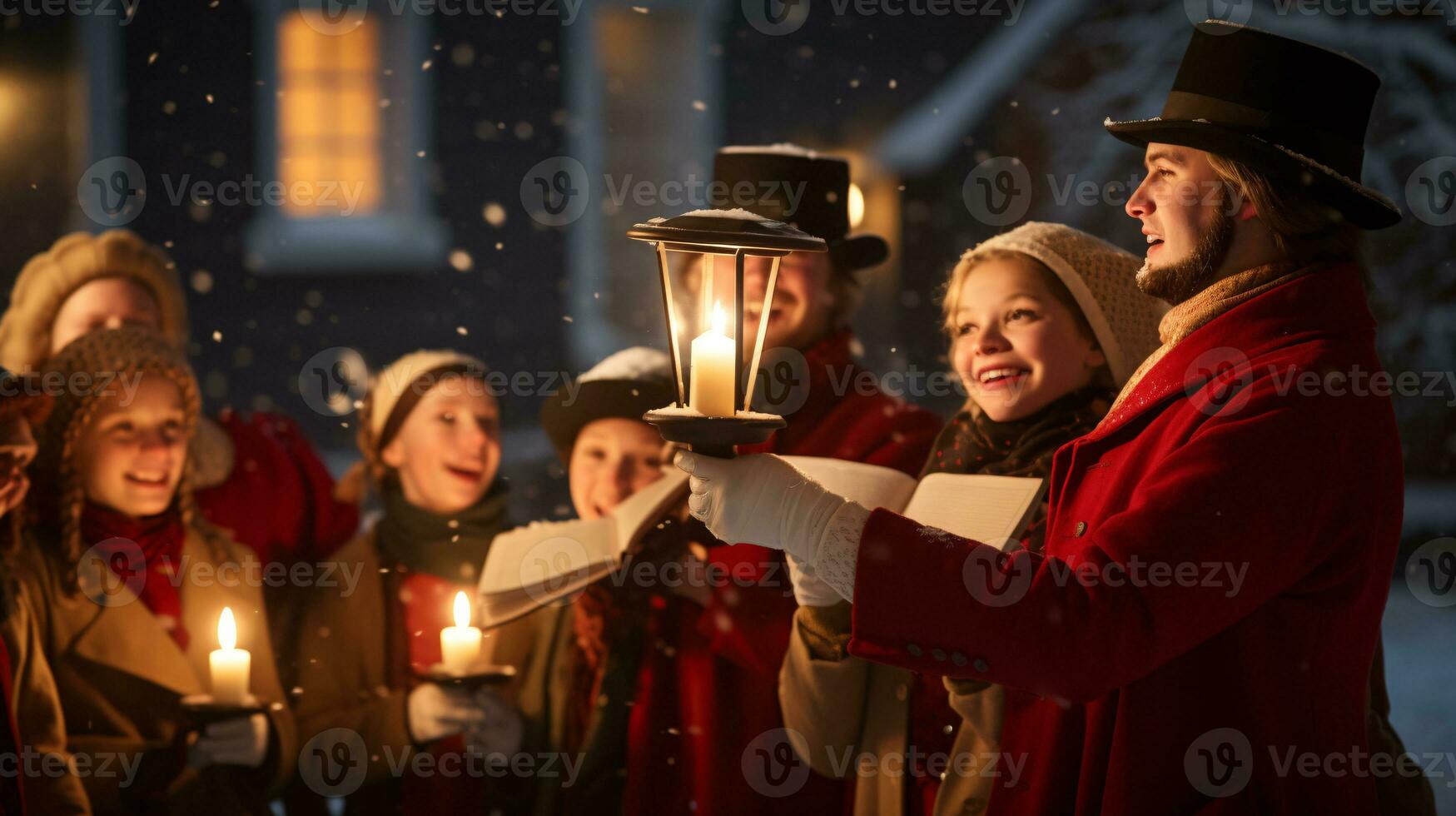 ai generativo gente, niños y adultos de diferente etnia y cultura, canto Navidad villancicos por noche con vela en su manos foto