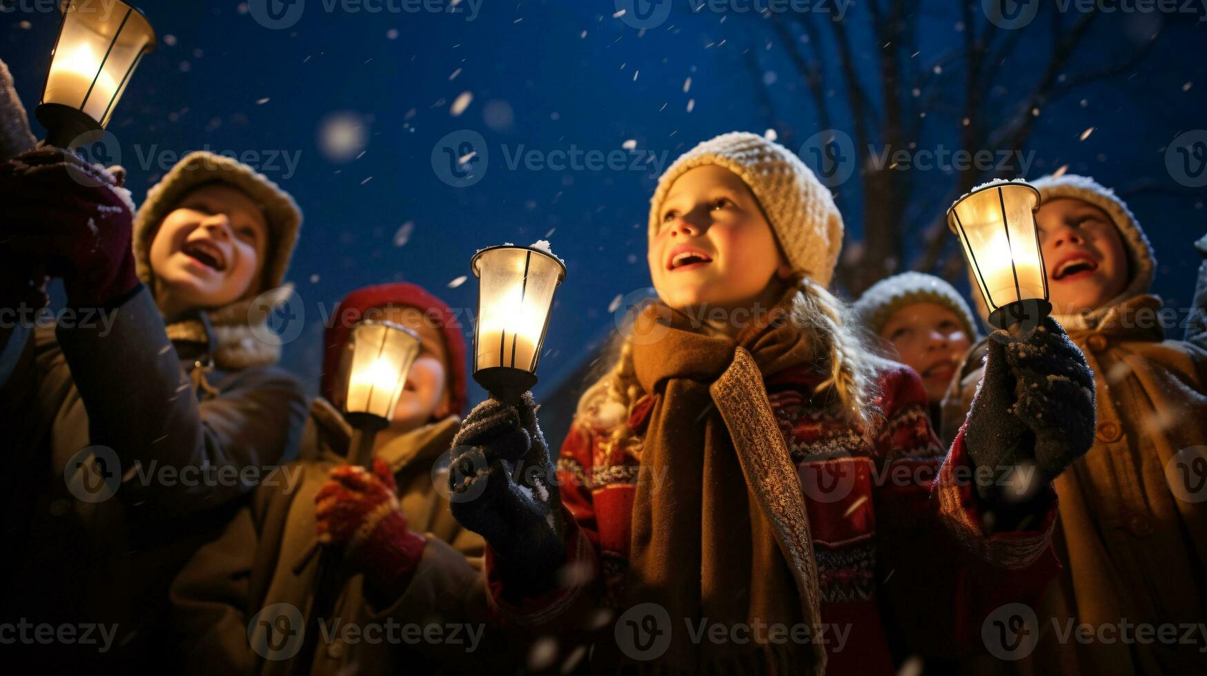 ai generative People, children and adults of different ethnicity and culture, singing christmas carols by night with candle in their hands photo