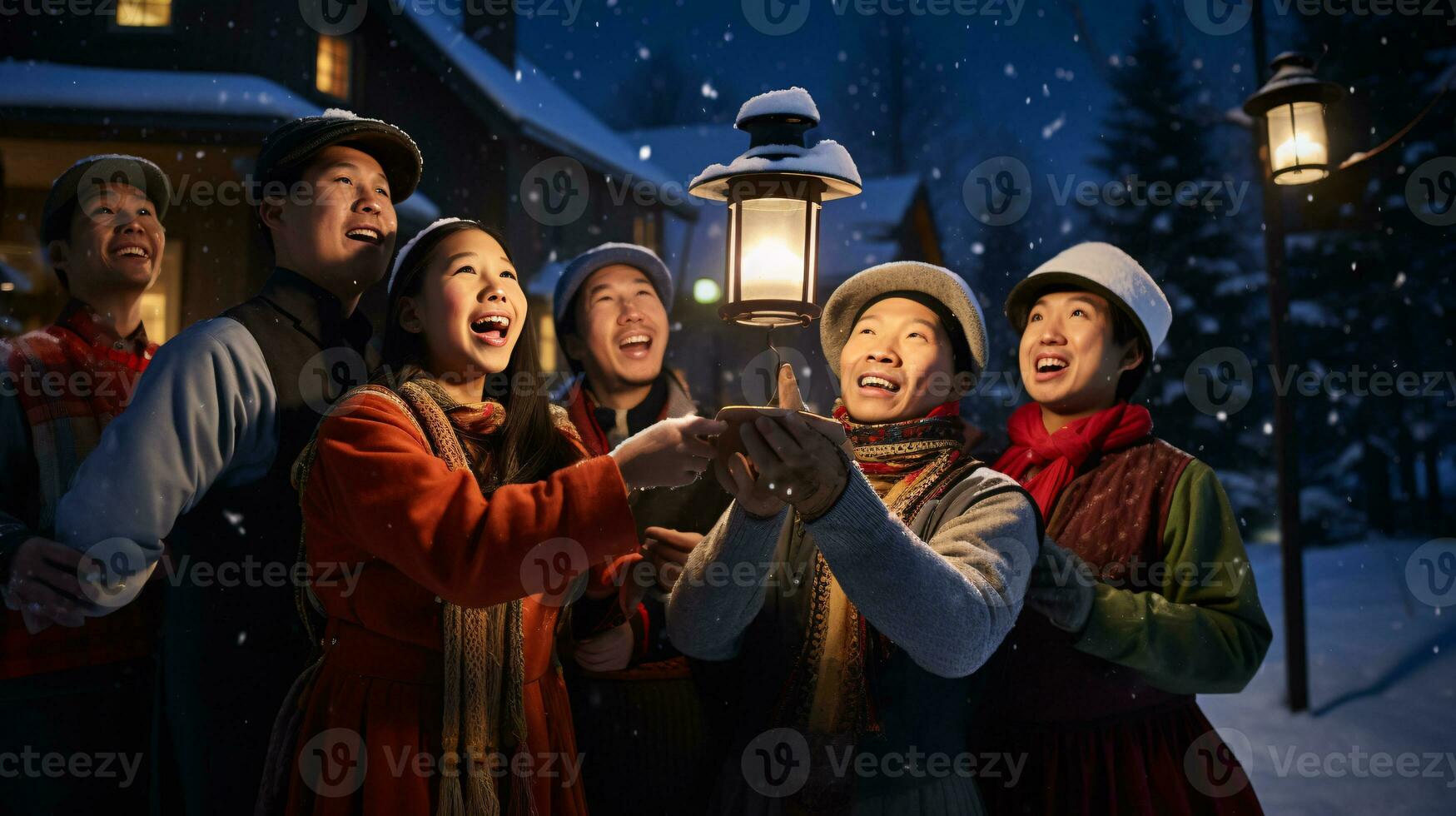 ai generative People, children and adults of different ethnicity and culture, singing christmas carols by night with candle in their hands photo