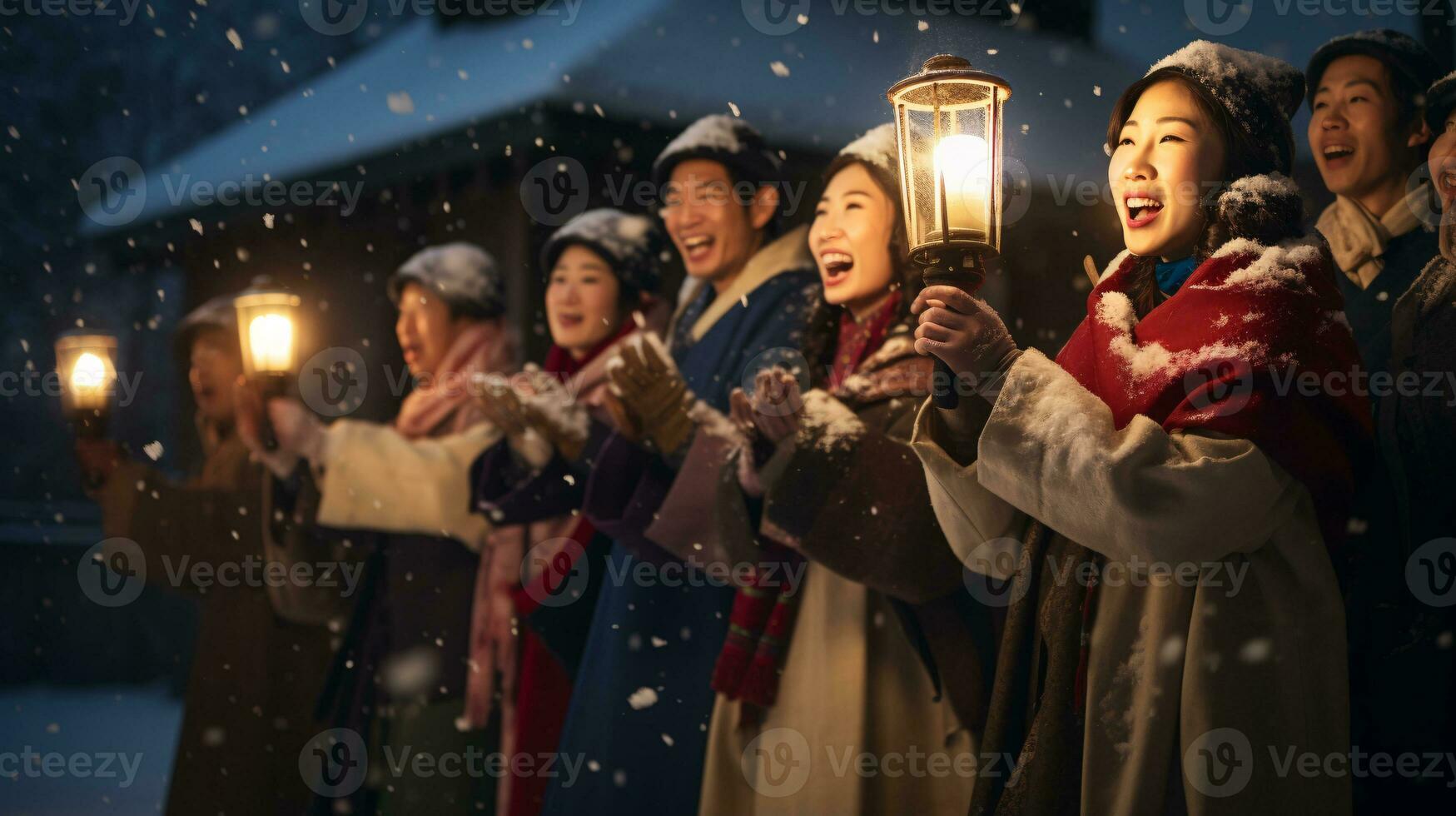 ai generativo gente, niños y adultos de diferente etnia y cultura, canto Navidad villancicos por noche con vela en su manos foto