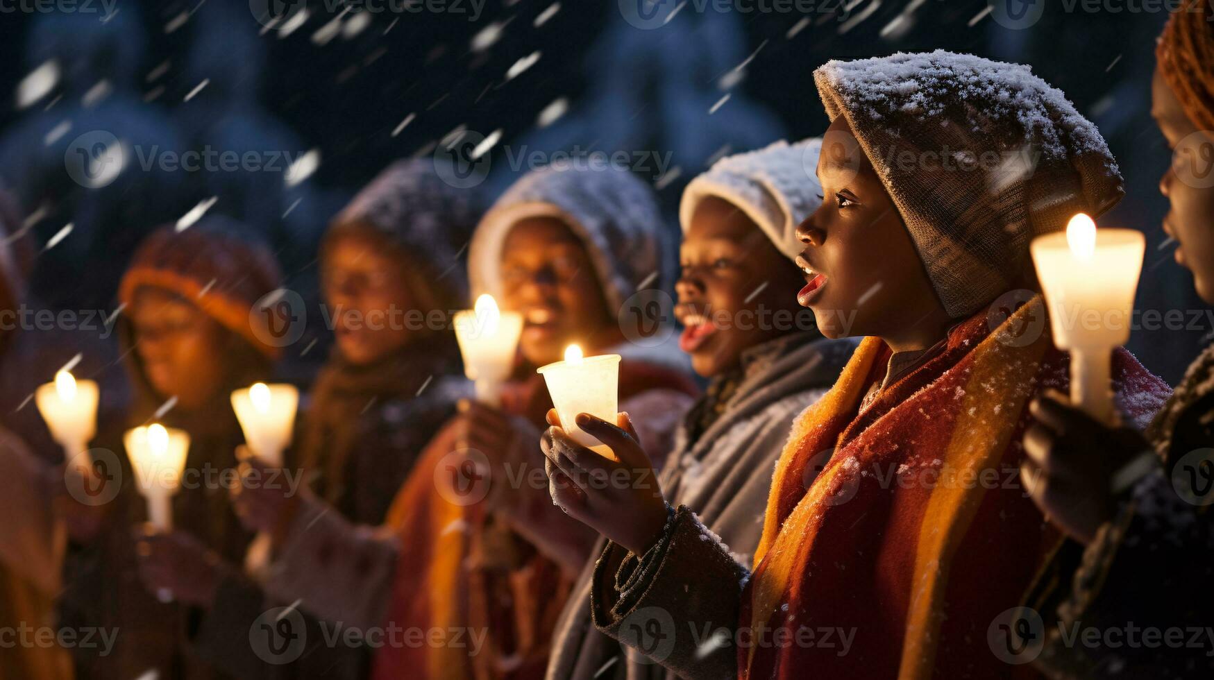 ai generativo gente, niños y adultos de diferente etnia y cultura, canto Navidad villancicos por noche con vela en su manos foto