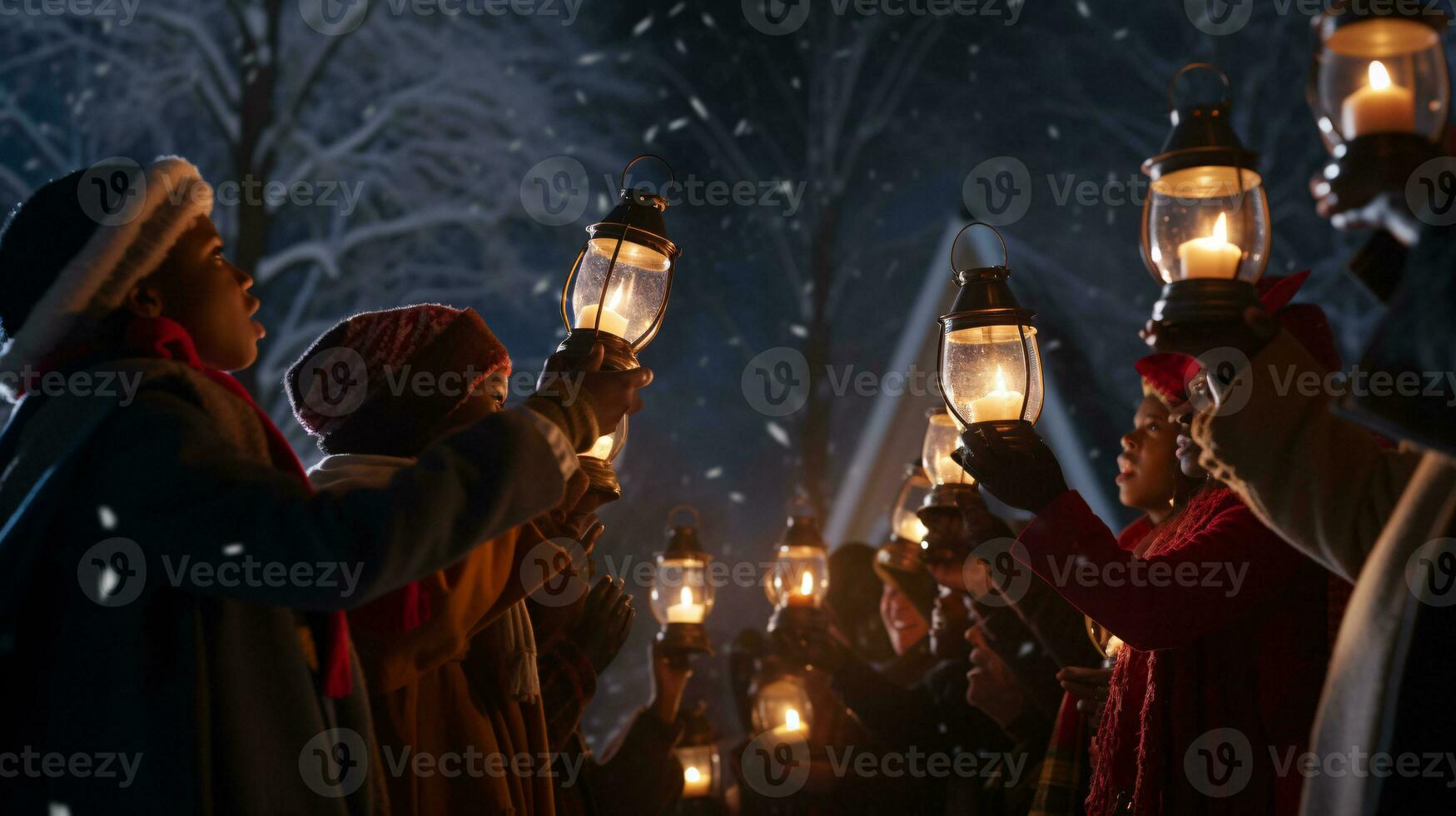 ai generative People, children and adults of different ethnicity and culture, singing christmas carols by night with candle in their hands photo