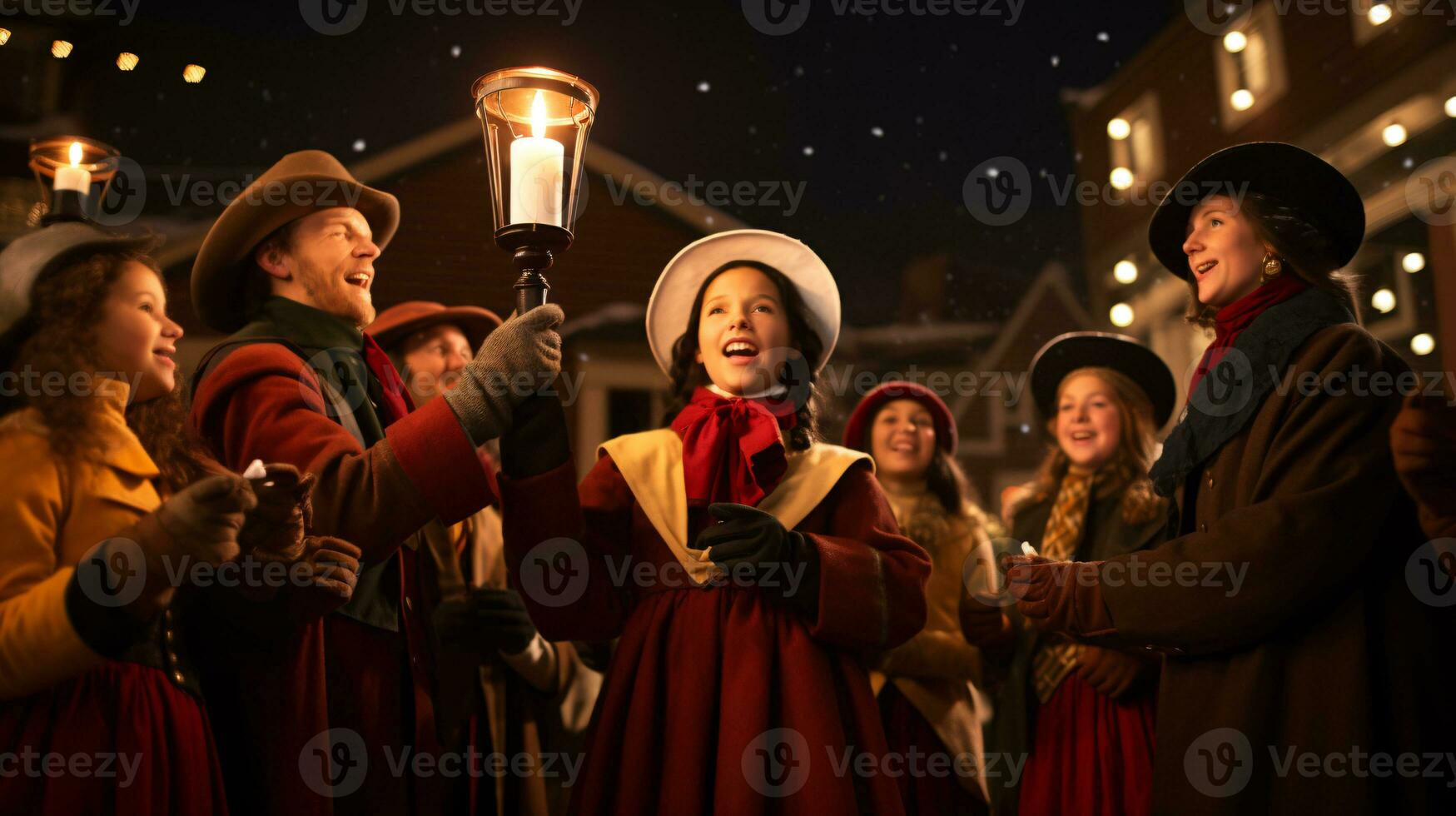 ai generativo gente, niños y adultos de diferente etnia y cultura, canto Navidad villancicos por noche con vela en su manos foto