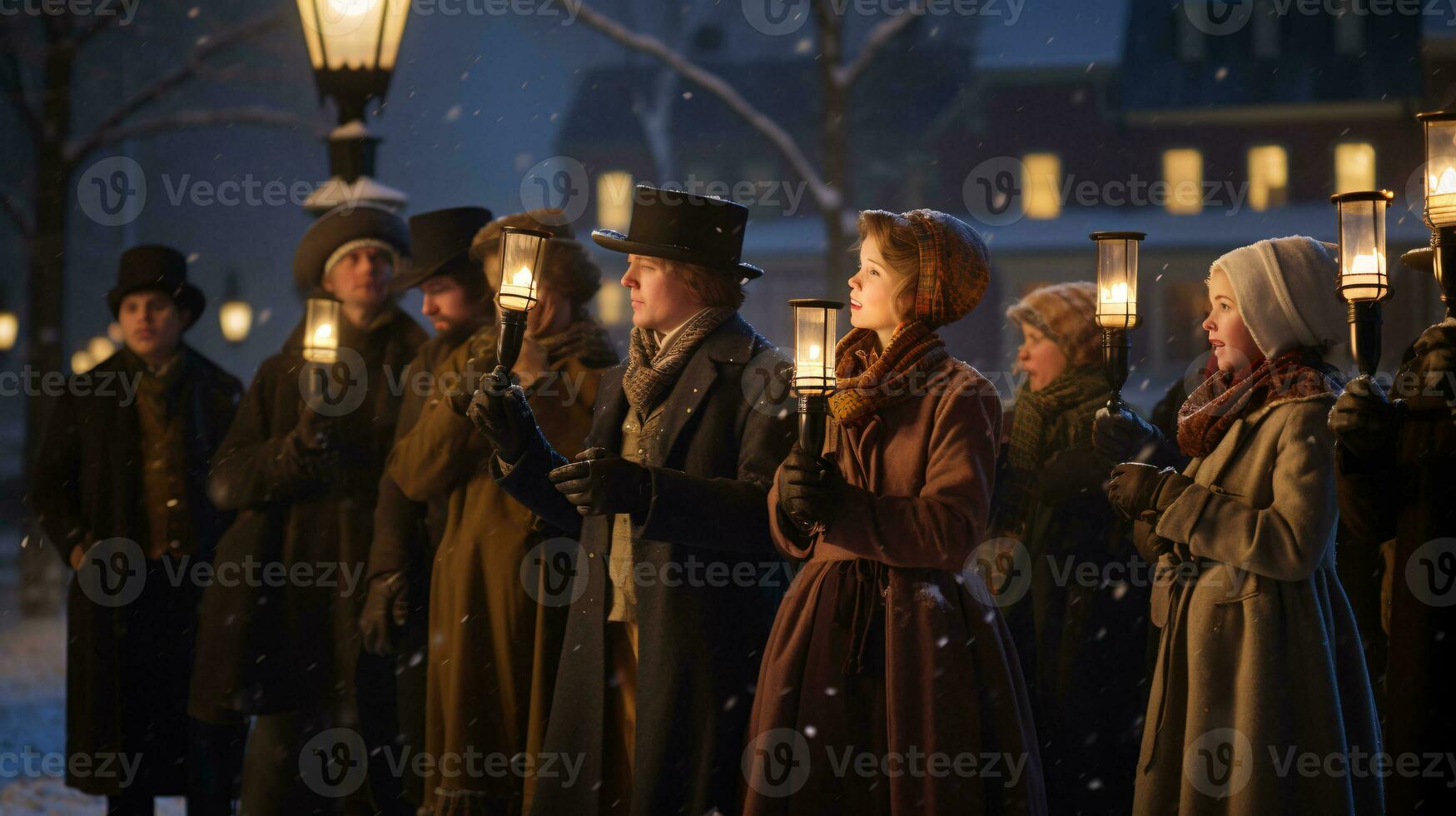 ai generative People, children and adults of different ethnicity and culture, singing christmas carols by night with candle in their hands photo