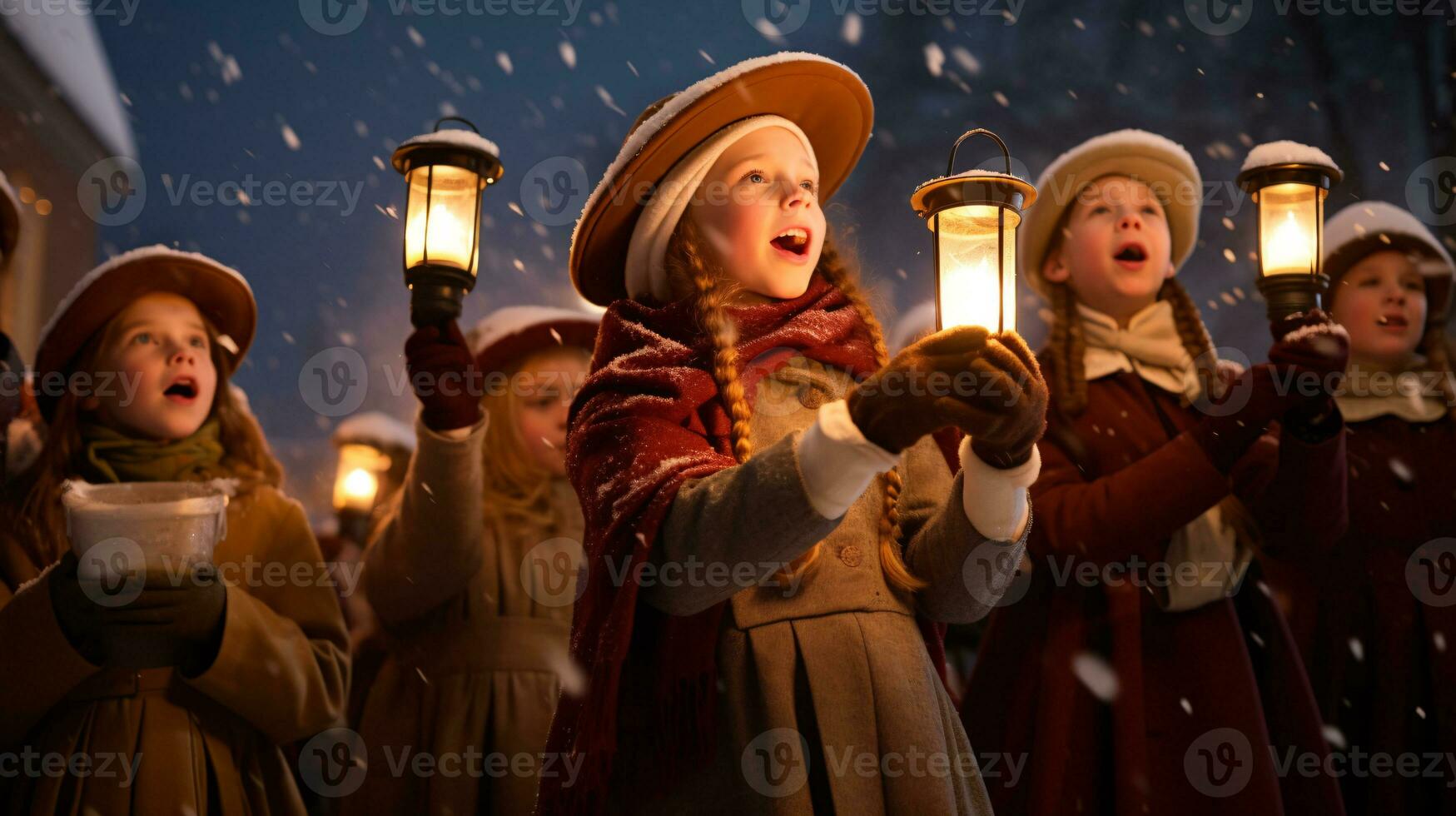 ai generativo gente, niños y adultos de diferente etnia y cultura, canto Navidad villancicos por noche con vela en su manos foto