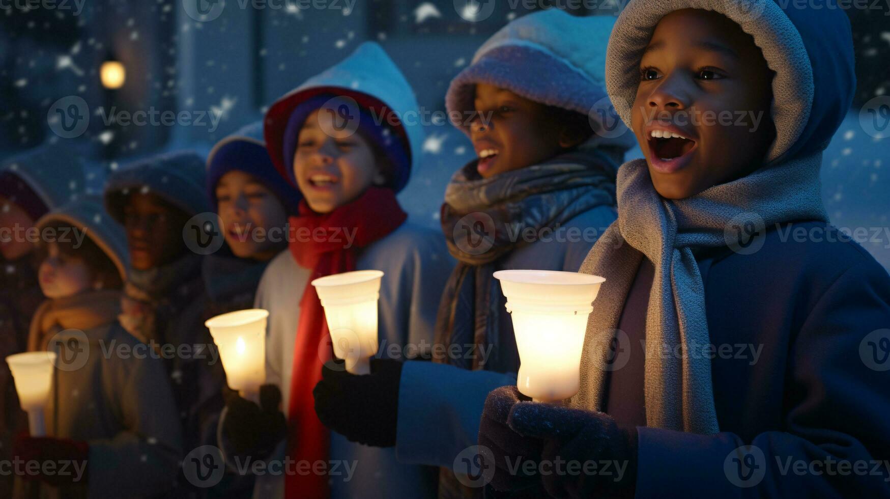 ai generativo gente, niños y adultos de diferente etnia y cultura, canto Navidad villancicos por noche con vela en su manos foto