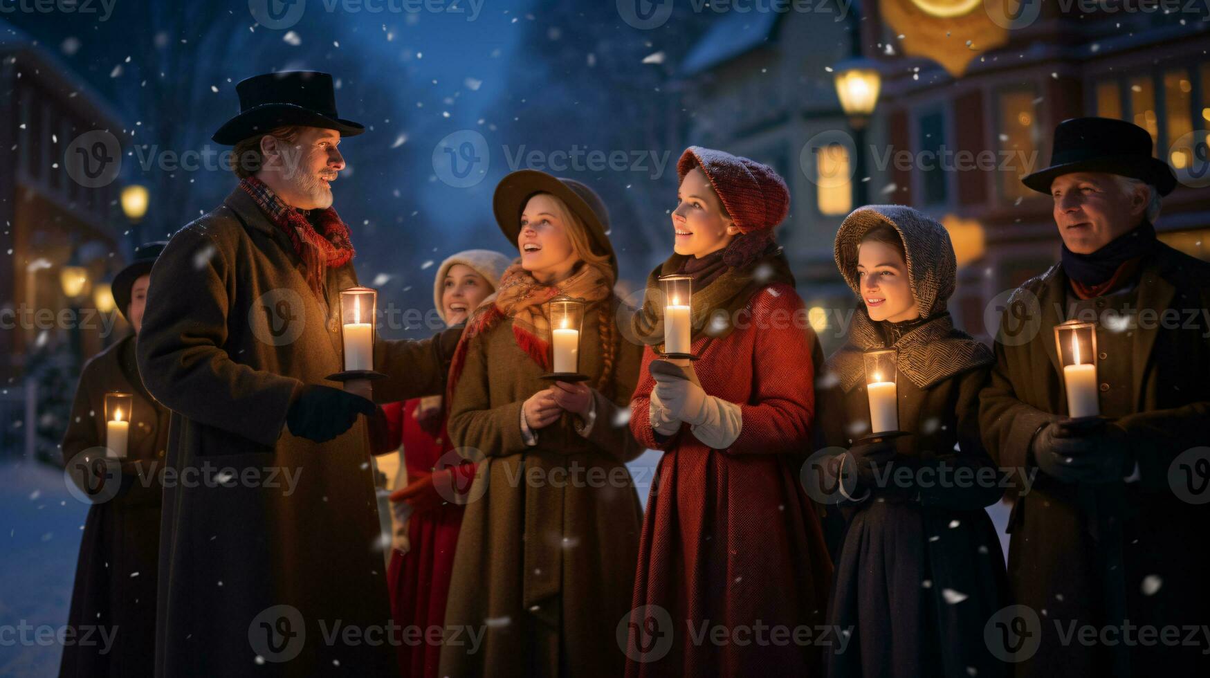 ai generativo gente, niños y adultos de diferente etnia y cultura, canto Navidad villancicos por noche con vela en su manos foto